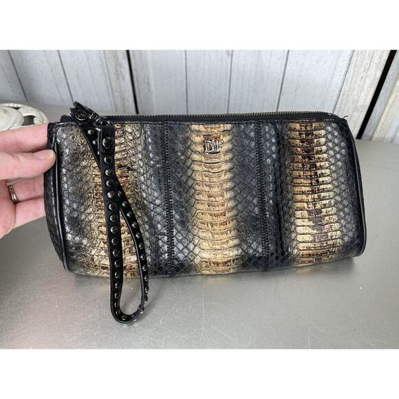 Diane Von Furstenberg Zip Top Metallic Logo Wristlet Handbag Snakeskin Leather - Picture 1 of 7